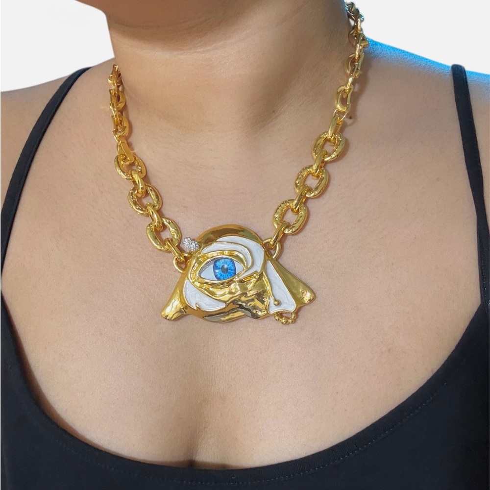 Schiaparelli Inspired Gold and Blue Eye Pendant Necklace